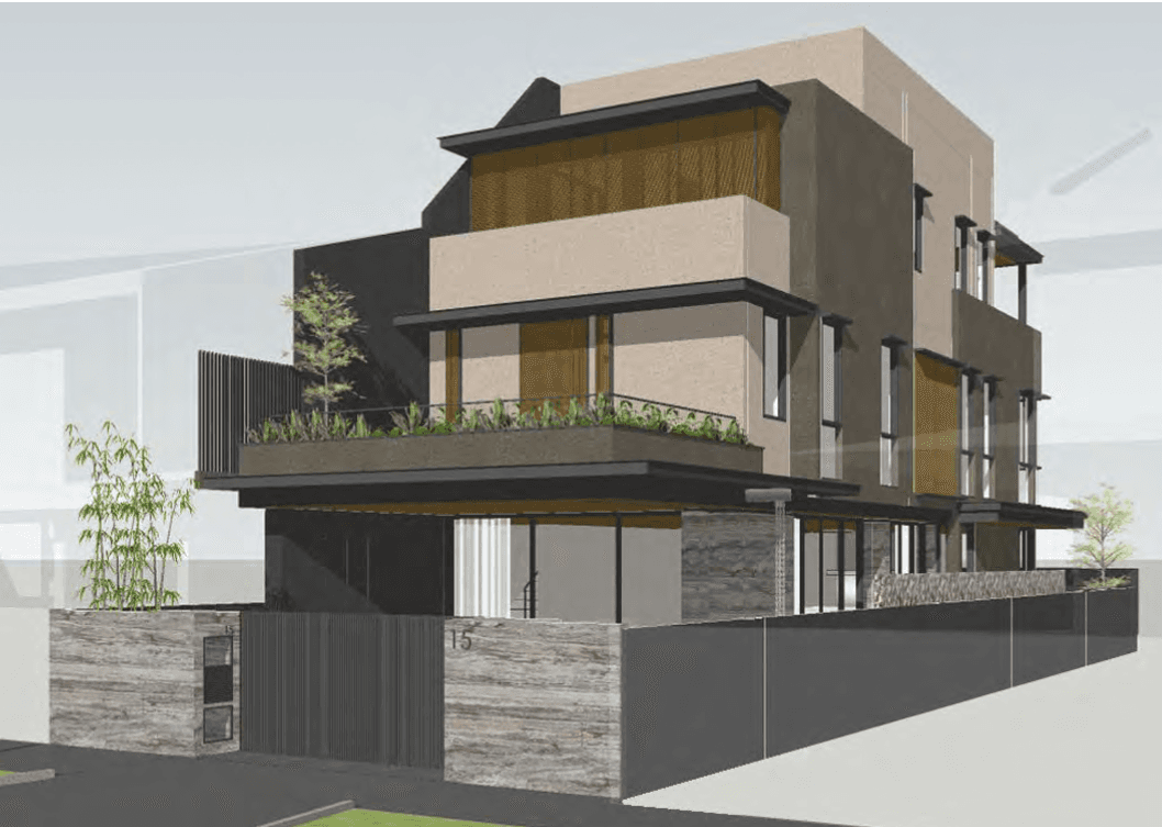 Central-region landed house concept render showing a modern corner elevation and facade lighting study.