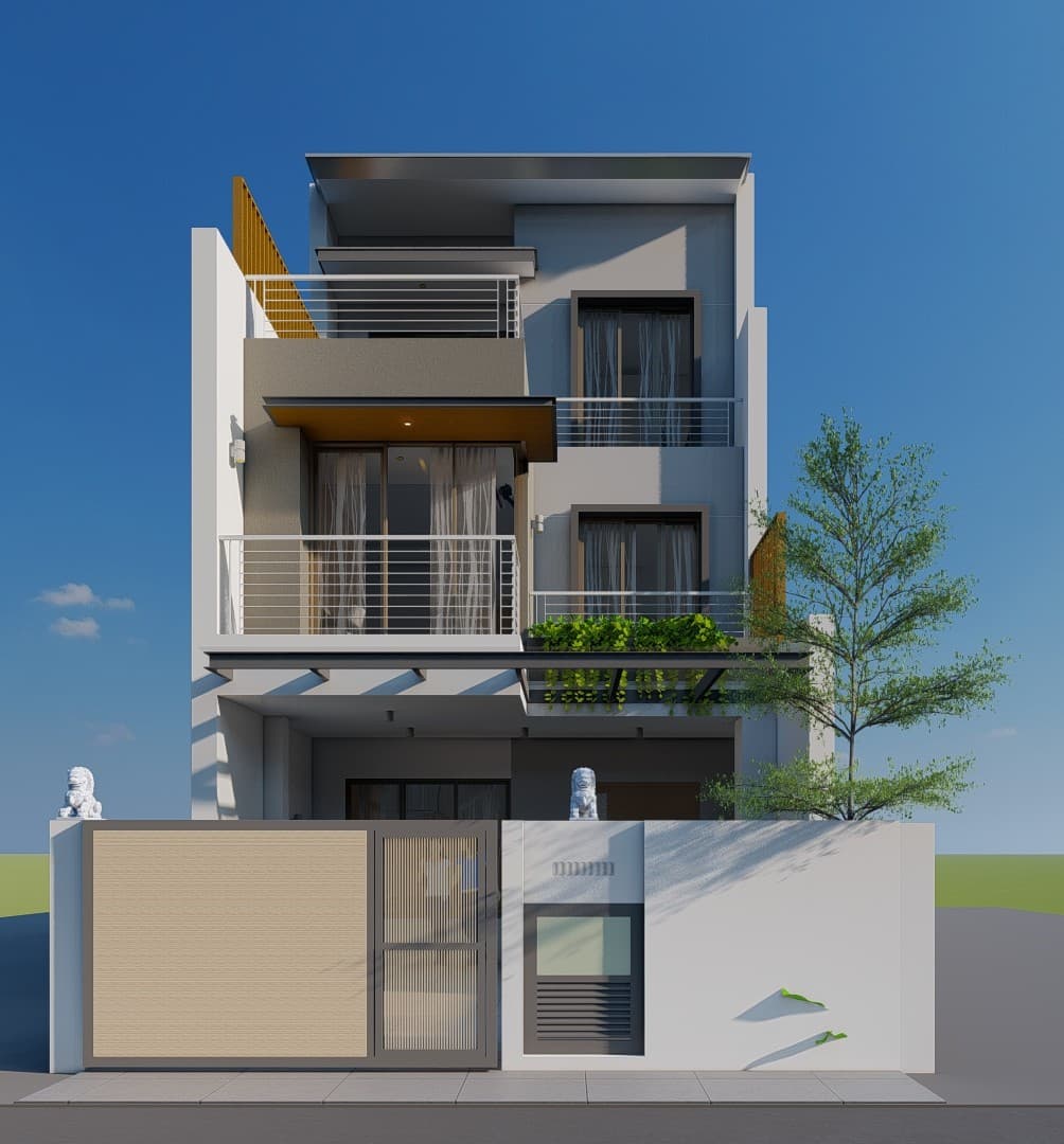 Proposed west-region landed house elevation render showing the planned rebuilt facade.